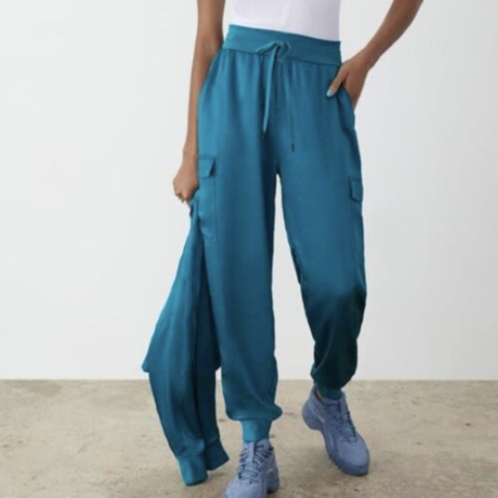 Teal Satin Cargo Jogger Pants